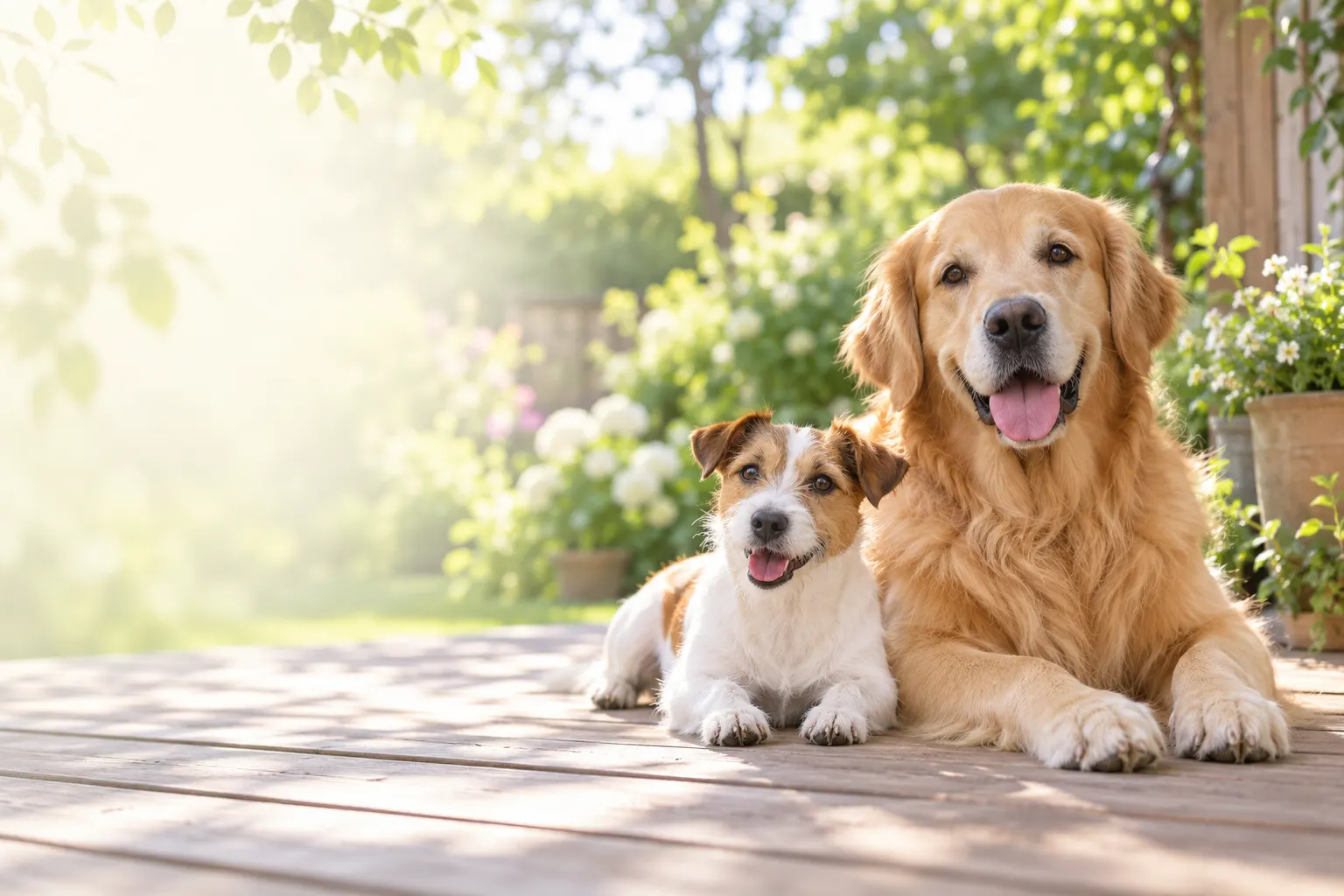 庭のデッキでくつろぐ2匹の犬